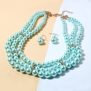 Detail of three-layer mint green pearl necklace and earrings set with gold hardware