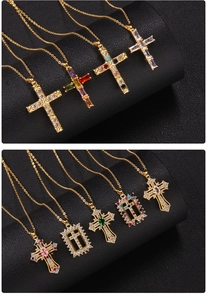 Detailed macro view of gold cross pendants featuring colorful zircon gemstone settings