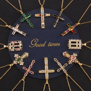 Fashion Colorful Zircon Cross Pendant Necklace For Women Men Gold Plated 316L Stainless Steel Religious Jewelry Gift