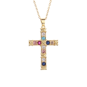 Golden cross necklace with colorful zircon stones and Schlumberger style metal cross accents