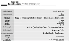 Detailed spec sheet showing material, size, and weight for the clover necklace
