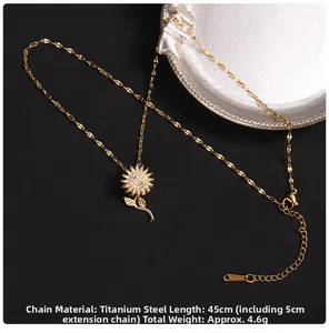 Macro detail of gold-plated sunflower zircon necklace with rotating petal design