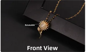 Front view of rotatable sunflower pendant necklace with zircons on black background