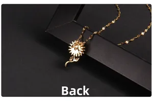 Detailed back view of gold sunflower pendant showing fine petal texture and chain