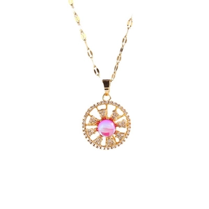Golden clover necklace with pink opal and zircon crystals on a classic cable chain