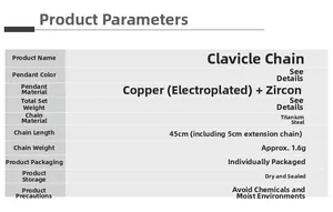 Detailed specification chart showing material and size for zircon cross necklace