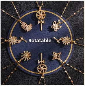 Rotatable gold-plated necklaces with heart, butterfly, and daisy pendants set in zircon
