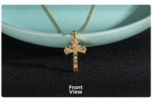 Detailed front view of gold cross necklace with colorful zircons and Jesus relief
