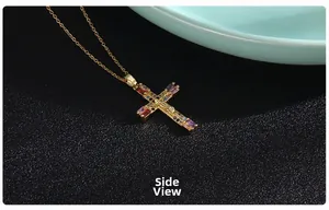 Side view of golden cross pendant with colorful zircon stones and Jesus relief