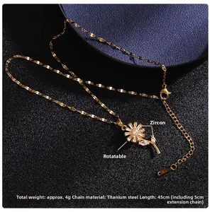Detail view of rotatable daisy pendant with zircon stones and titanium steel chain