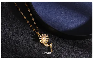 Front view of a gold daisy necklace with marquise-cut zircon petals on a luxury background