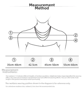 Size chart showing necklace lengths from 35cm to 60cm on a female neck profile