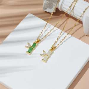 Vintage Bamboo Joint Pendant Necklace Copper Gold Silver Plated Synthetic Cat's Eye Cubic Zirconia Jewelry Gift For Women