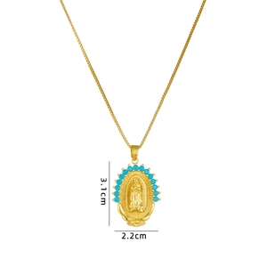 Collar de la Virgen María dorado con cuentas turquesas y cadena de cruz fina