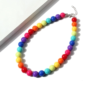 Bohemian colorful seed bead choker necklace with rainbow tones and adjustable silver clasp