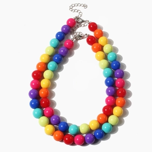 Double-layered colorful rainbow acrylic bead pet necklace with silver lobster clasp and chain