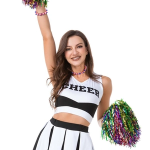 Tenue de cheerleader avec collier de perles USA, gilet noir et blanc et pompons