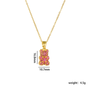 Gold-plated titanium steel necklace with a purple pavé bear pendant and dimensions