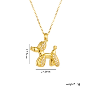 Gold balloon dog necklace with sparkling zircons and delicate O-chain for women