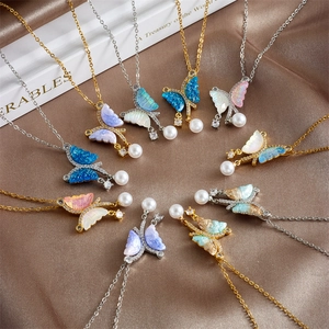 Collar Con Colgante de Mariposa y Perla Artificial de Acero Inoxidable Cobre Zirconia Collar de Borla de Mariposa Para Mujer Joyería