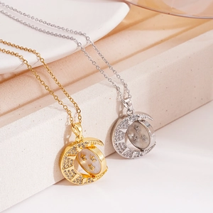Collana con Ciondolo a Stella e Luna Rotante in Rame con Strass Intarsiati Elegante Catena per Clavicola da Donna Gioielli per Feste