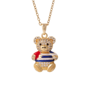 Gold plated teddy bear pendant necklace with sparkling cubic zirconia and striped sweater