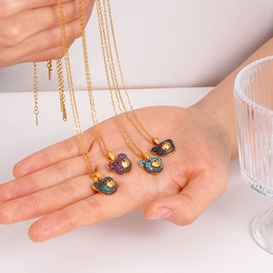 Golden bear pendant necklace with colorful zircon stones on adjustable cross chain