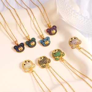Chic gold-plated bear pendant necklaces with colorful pavé zircons in eight various colors