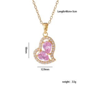 Collana a cuore dorata con pietre rosa a goccia e zirconi bianchi su catena 40cm