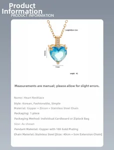 Detailed size specifications for a gold-plated heart necklace with blue cubic zirconia