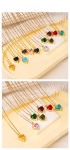 Macro shot of colorful heart-shaped zircon pendants on fine gold-plated necklaces