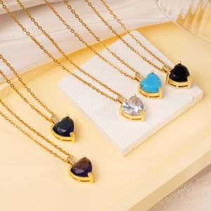 Retro gold plated heart necklace collection with zircon birthstone pendants for women