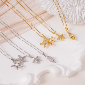 Ocean Sea Snail Starfish Pendant Necklace Copper Gold Silver Plated Zirconia Artificial Pearl Choker For Women Wedding Jewelry Gift