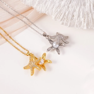 Starfish pendant necklaces in gold and silver finish with pearls and micro diamonds