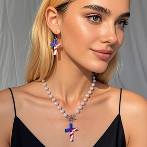 Amerikaanse Vlag Kruis Hanger Neparel Ketting Oorbellen Patriotische Legering Kapittelsluiting Onafhankelijkheidsdag Sieradenset