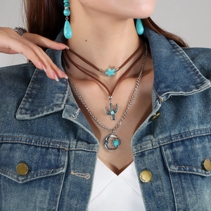 Collar Bohemio Multicapa Con Colgante De Turquesa Para Mujer Retro Hierro Cordón De Terciopelo Cactus Sol Luna Estrella Joyería