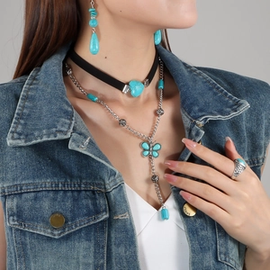 Vintage Bohemian Butterfly Τυρκουάζ Μενταγιόν Κολιέ Και Heart Velvet Choker Iron Rhinestone Tassel Κοσμήματα Για Γυναίκες