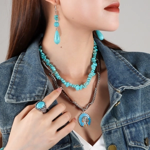 Detailsicht des türkisfarbenen Schmucksets mit Indianer-Anhänger und Vintage-Ring
