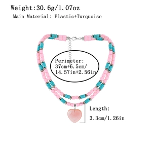 Double-layered turquoise and pink heart pendant necklace with beaded chain design