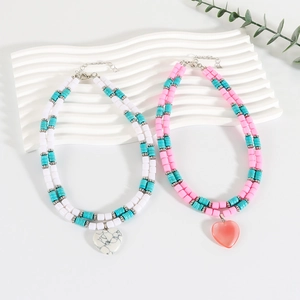 Double-layer beaded necklace with turquoise stones and heart-shaped marble pendants