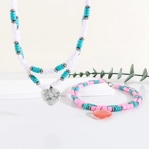 Fresh turquoise beaded heart pendant necklace and bracelet set in bohemian style