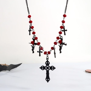 Gothic black cross necklace with red beads and roses for Halloween fashion jewelry