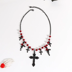 Gothic cross necklace with black chain, red beads and vintage rose pendant details