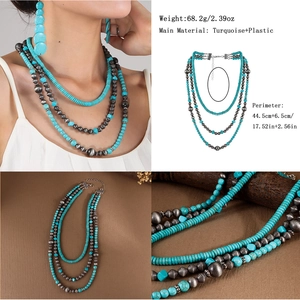 Dettaglio del set di gioielli boho con collana a strati di turchese e orecchini