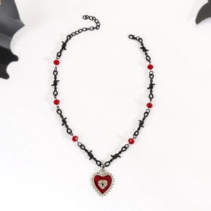 Detailed gothic barbed wire necklace featuring a red heart pendant with evil eye and rose motif