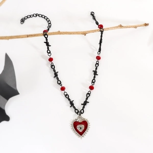 Gothic heart eye necklace with red beads and rose pendant on a dark twisted chain