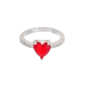 Adjustable silver ring featuring a red heart-shaped zircon and pave set cubic zirconia