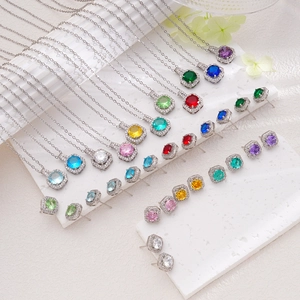 Copper Zirconia Jewelry Set Square Perfume Bottle Pendant Necklace Halo Stud Earrings For Women Fashion Jewelry Accessories