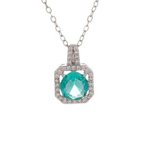 Octagon pendant necklace with large green zircon and white crystals on a silver chain