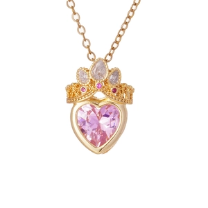 Halskette mit rosa Herz-Kristallanhänger und goldener Krone für Damen aus Edelstahl